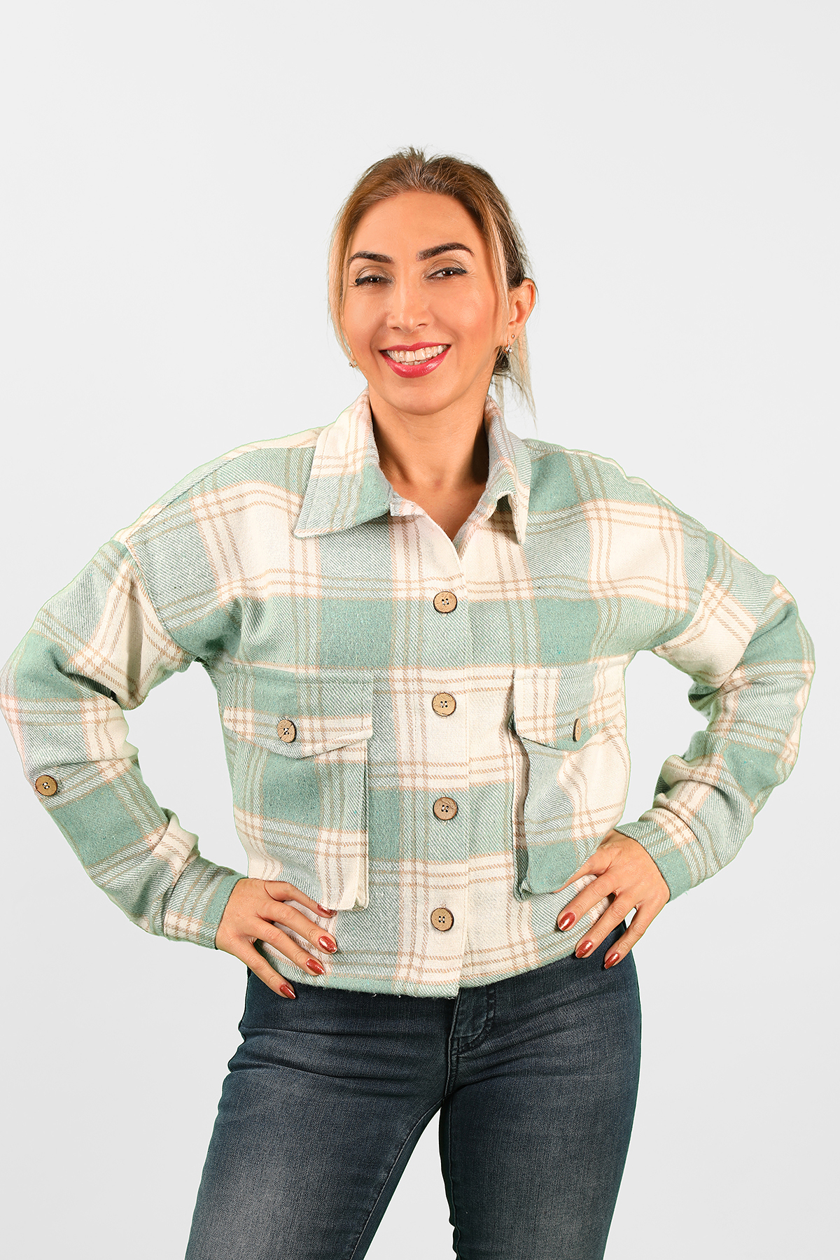 Balins - Kadın Ekose Gömlek Yeşil-Bej