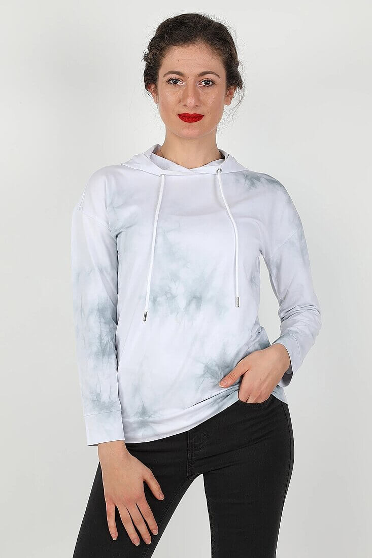 Kadın Kapüşonlu Batik Sweatshirt Beyaz - 1