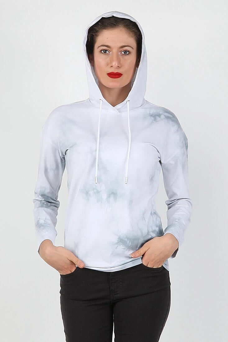 Kadın Kapüşonlu Batik Sweatshirt Beyaz - 2
