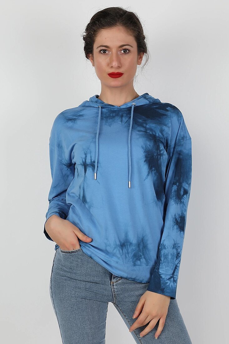 Kadın Kapüşonlu Batik Sweatshirt Mavi - 1