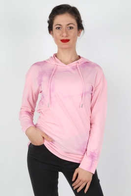 Kadın Kapüşonlu Batik Sweatshirt Pembe - Thumbnail