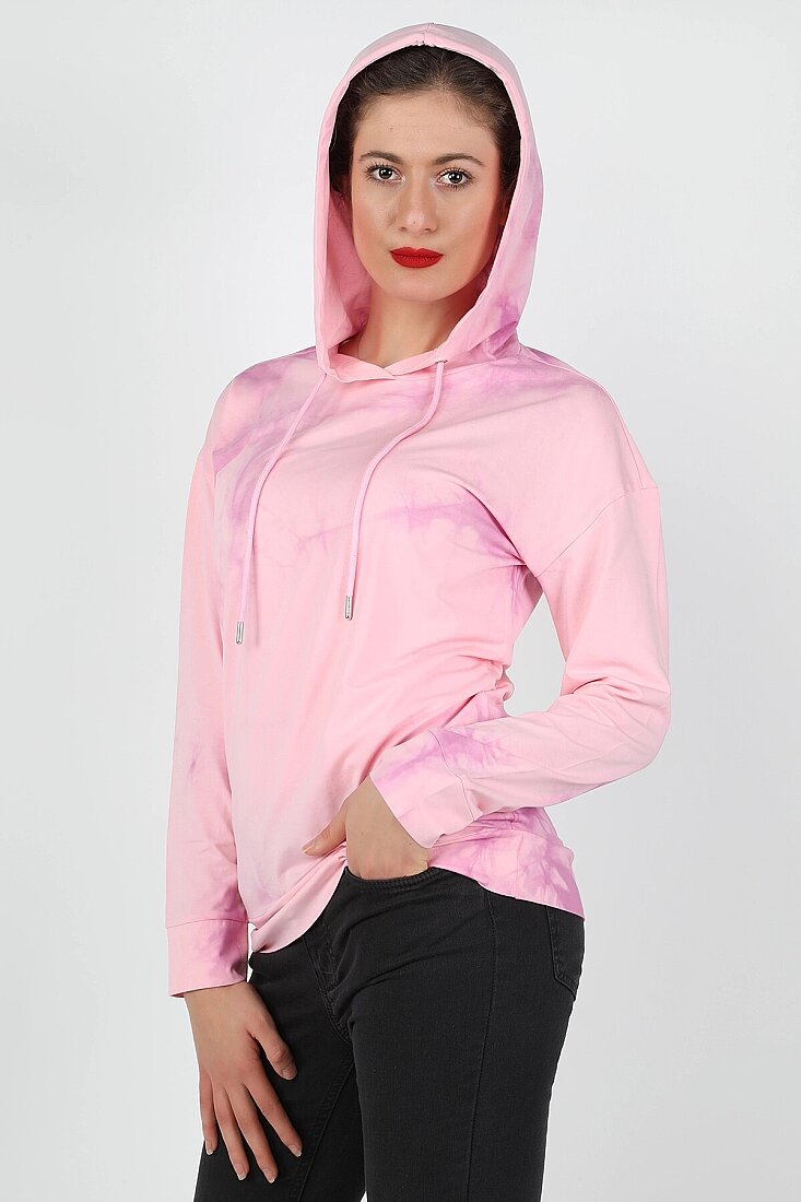 Kadın Kapüşonlu Batik Sweatshirt Pembe - 2