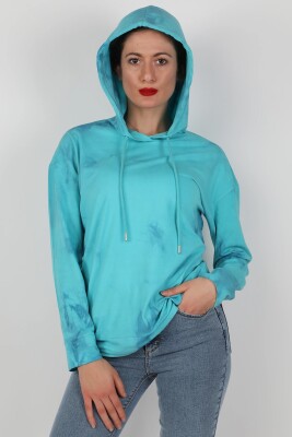 Kadın Kapüşonlu Batik Sweatshirt Turkuaz - Thumbnail
