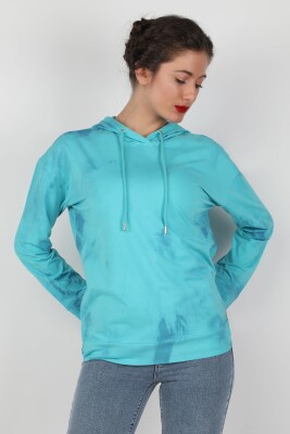 Kadın Kapüşonlu Batik Sweatshirt Turkuaz - Thumbnail