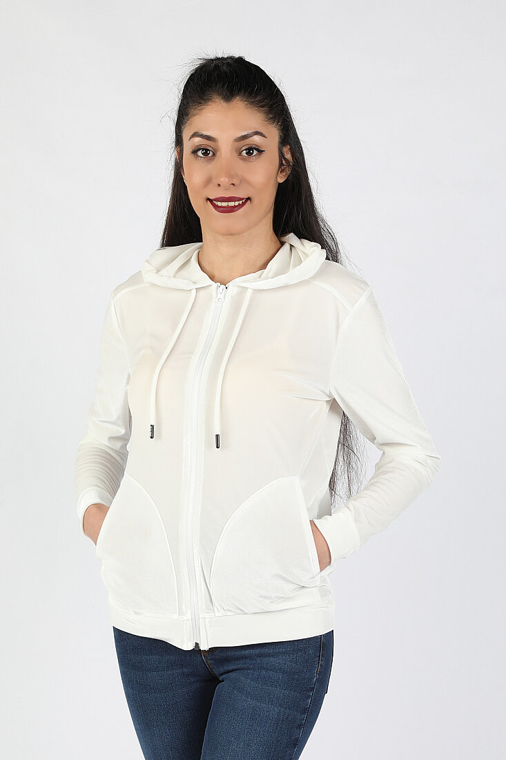 Kadın Kapüşonlu Kadife Sweatshirt Bej Bej - 1