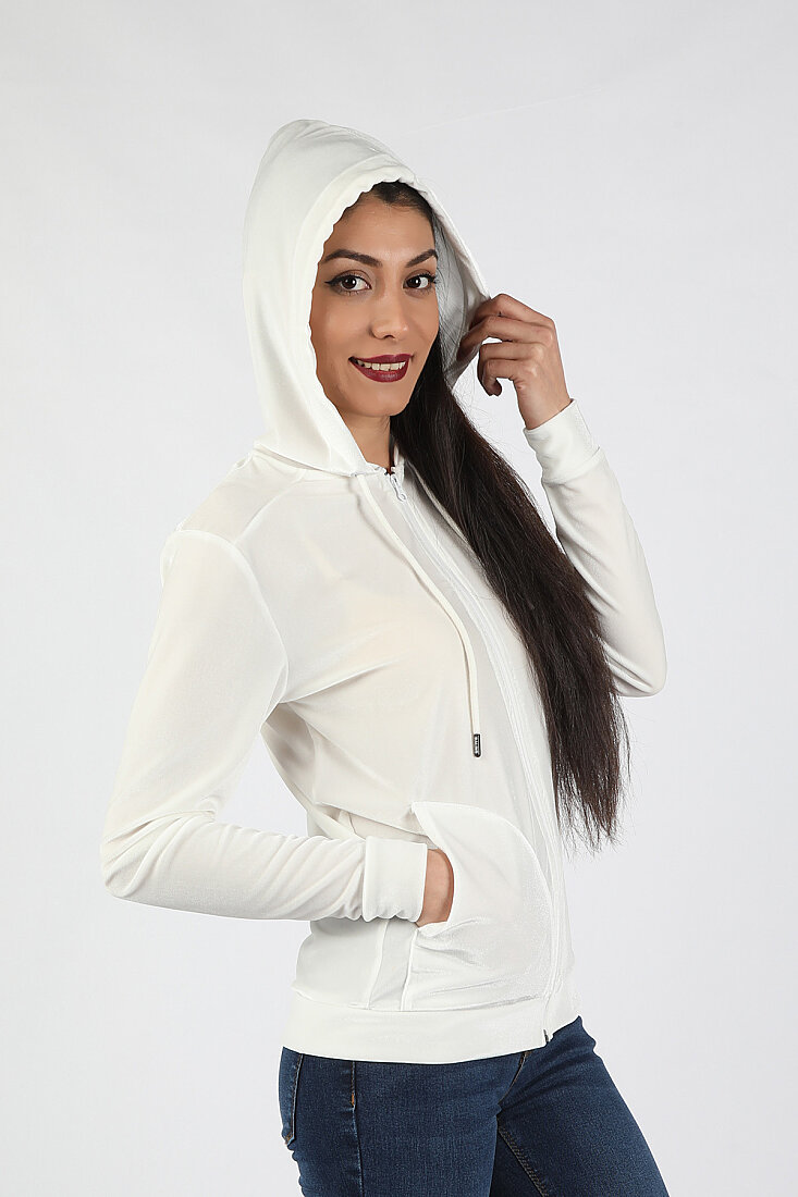 Kadın Kapüşonlu Kadife Sweatshirt Bej Bej - 2