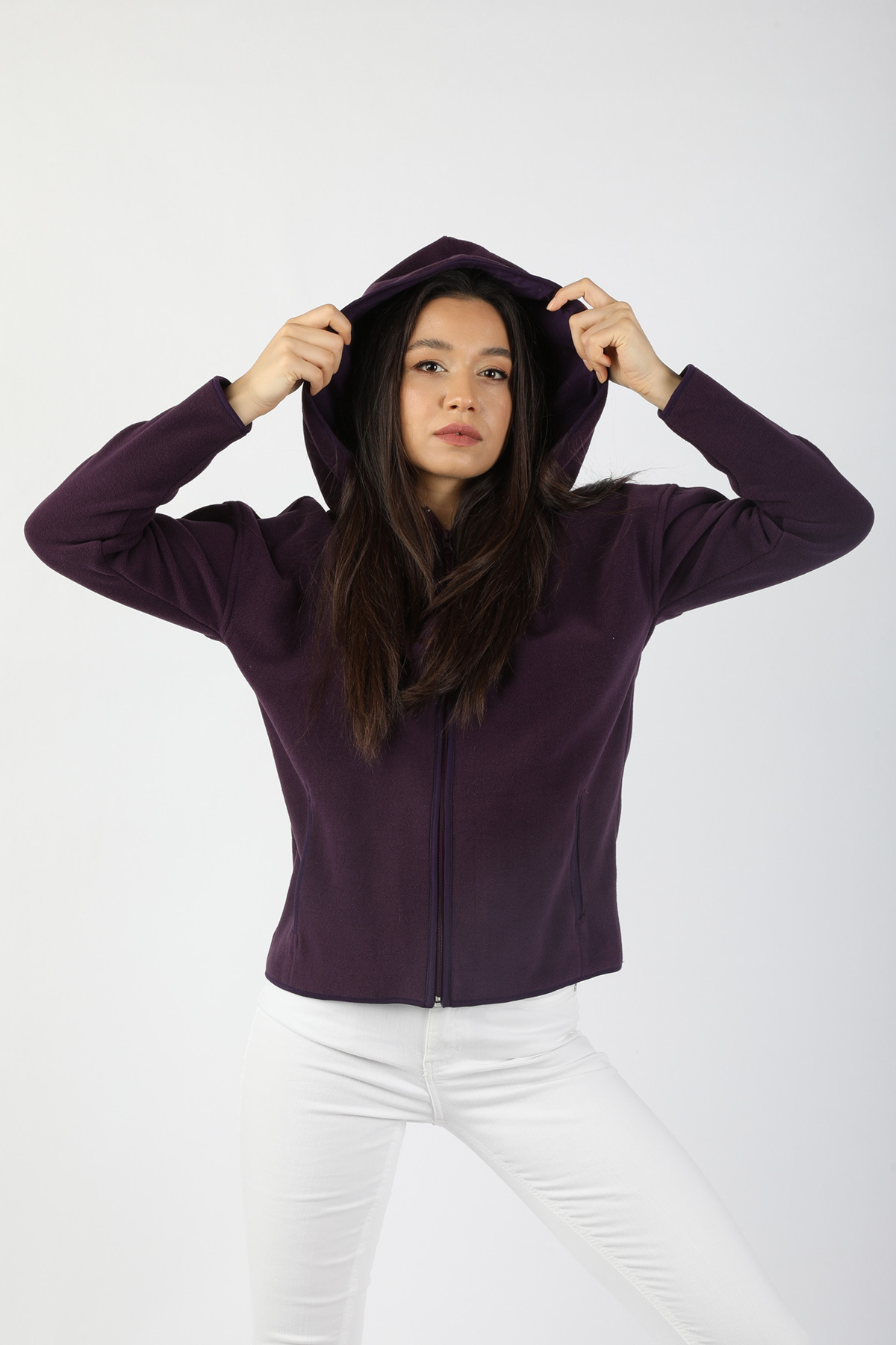 Balins - Kadın Kapüşonlu Önü Biyeli Fleto Cepli Polar Mor