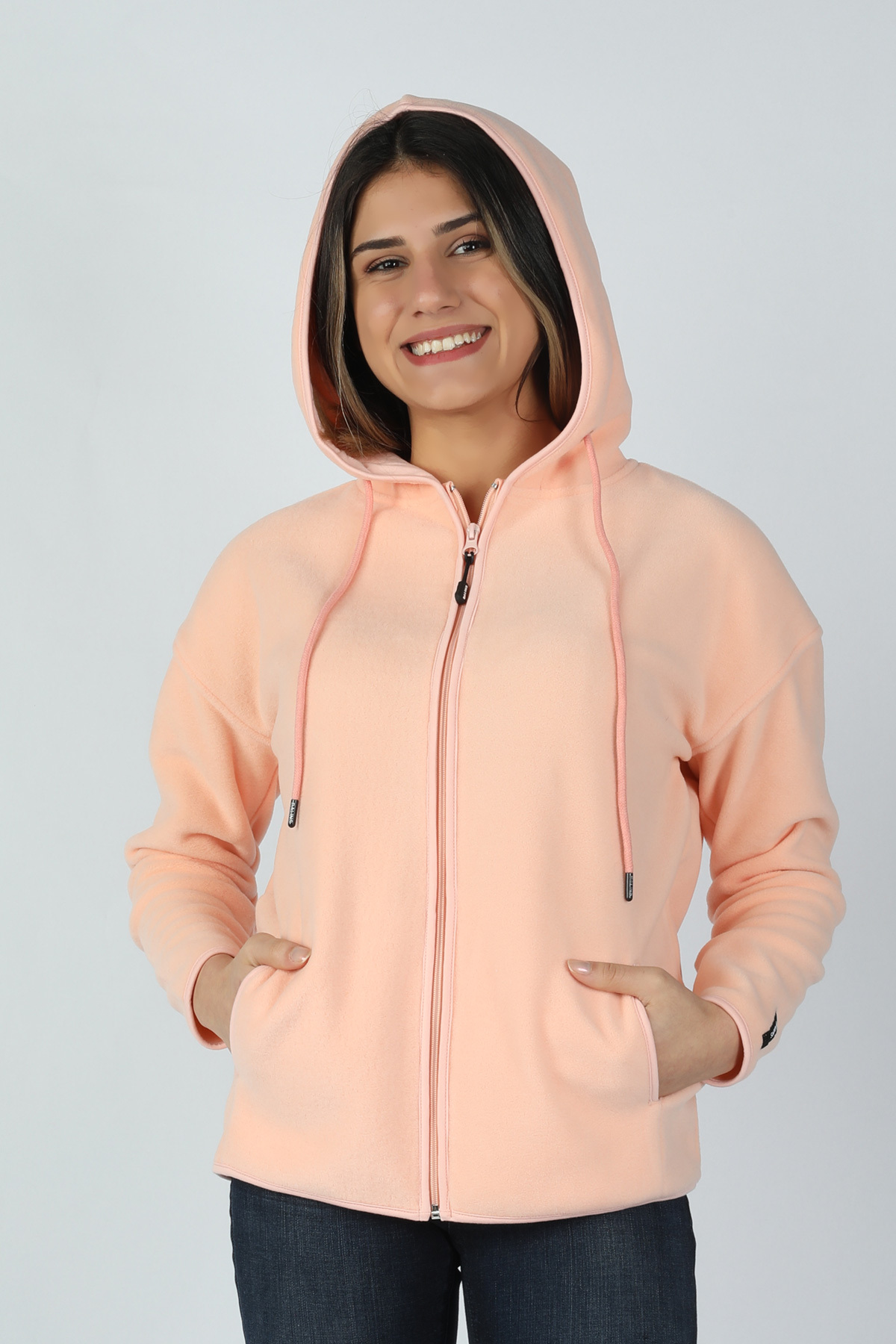 Balins - Kadın Kapüşonlu Önü Biyeli Fleto Cepli Polar Pembe