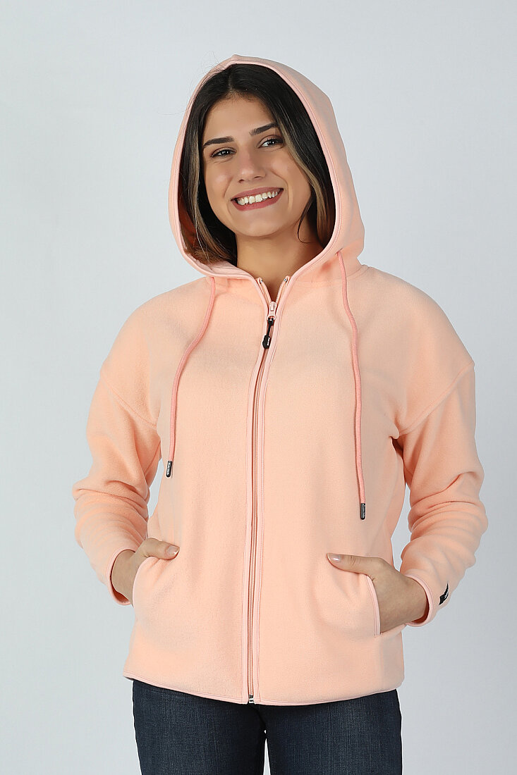 Kadın Kapüşonlu Önü Biyeli Fleto Cepli Polar Pembe - 1
