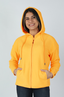 Kadın Kapüşonlu Önü Biyeli Fleto Cepli Polar Sarı - Thumbnail