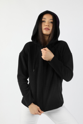 Kadın Kapüşonlu Önü Biyeli Fleto Cepli Polar Siyah - Thumbnail