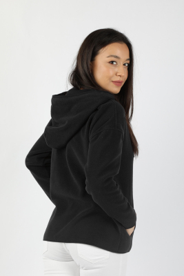 Kadın Kapüşonlu Önü Biyeli Fleto Cepli Polar Siyah - Thumbnail