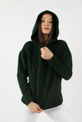 Kadın Kapüşonlu Önü Biyeli Fleto Cepli Polar Yeşil - Thumbnail