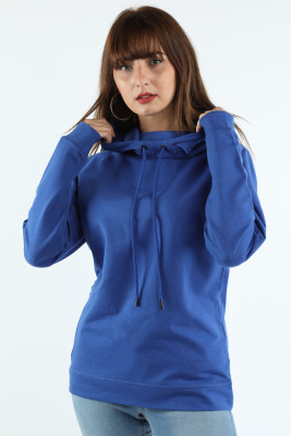 Kadın Kapüşonlu Sweatshirt Saks - Thumbnail