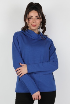 Kadın Kapüşonlu Sweatshirt Saks - Thumbnail