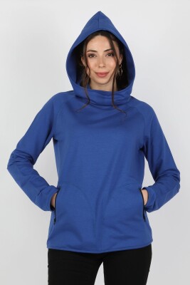 Kadın Kapüşonlu Sweatshirt Saks - Thumbnail