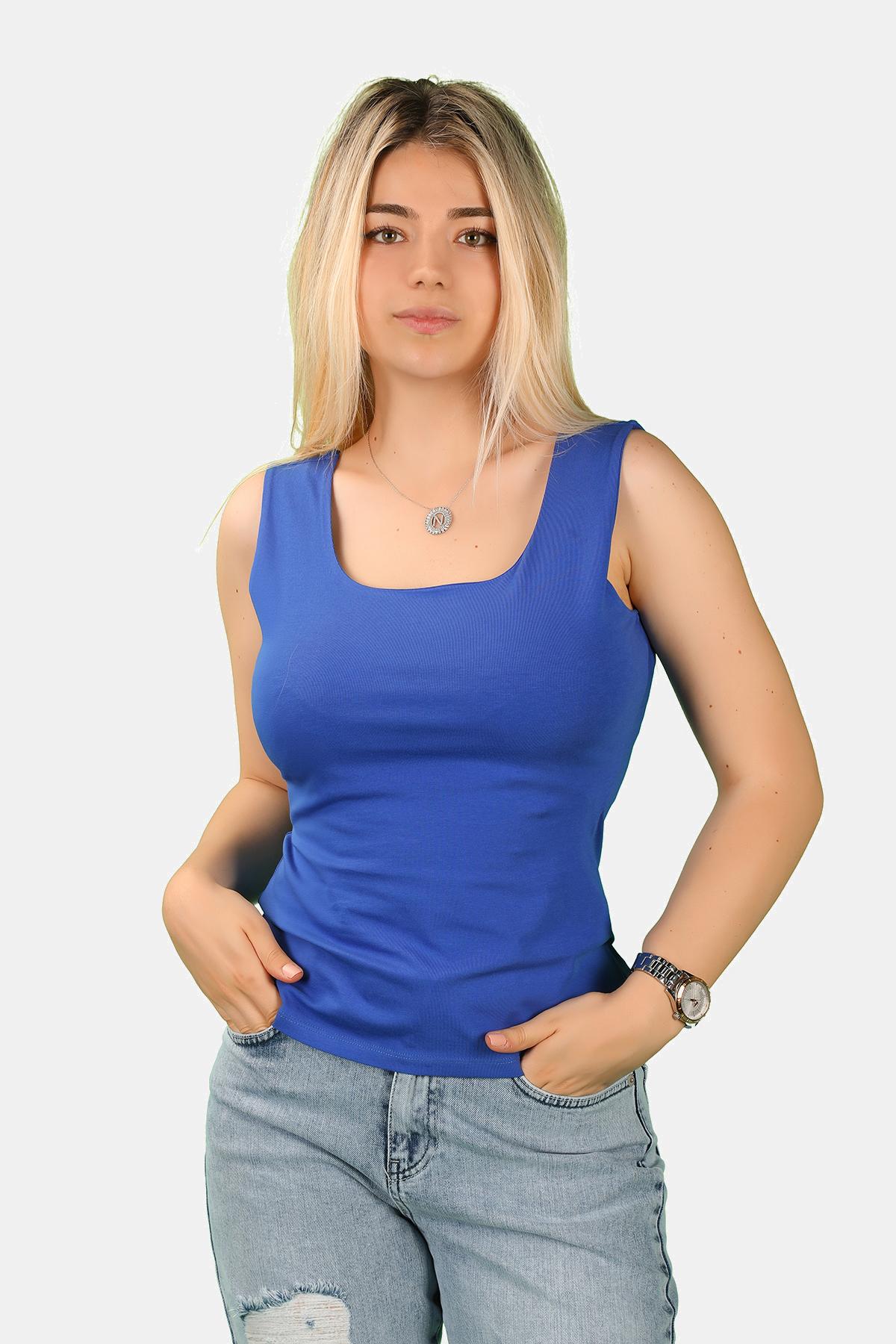 Balins - Kadın Kare Yaka Tişört Saks