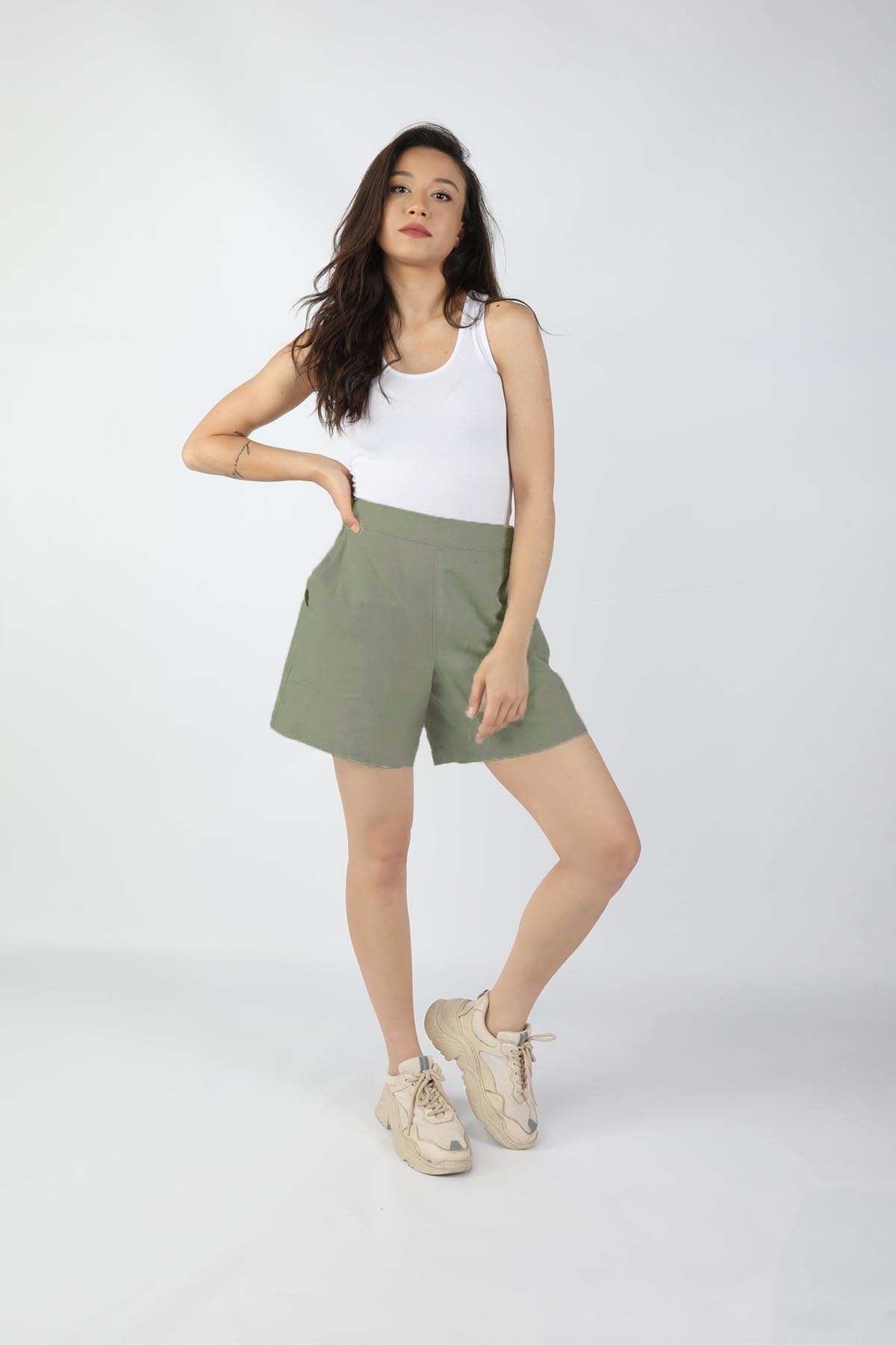 Balins - Kadın Keten Şort Yeşil