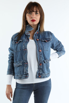 Balins - Kadın Kırmızı Dikişli Kot Ceket Koyu Mavi