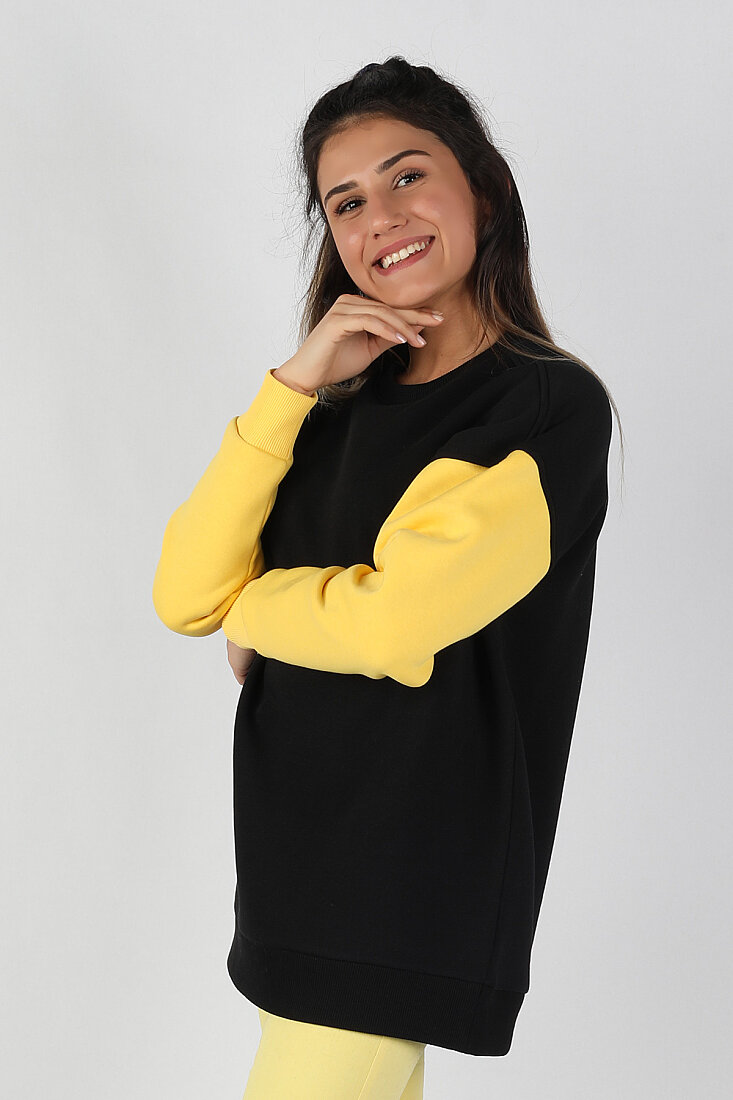 Kadın Kolları Renkli Sweatshirt Siyah - 1