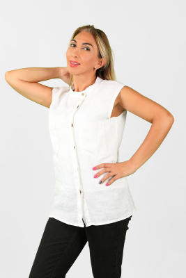 Kadın Kolsuz Keten Gömlek Beyaz - Thumbnail