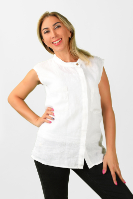 Balins - Kadın Kolsuz Keten Gömlek Beyaz