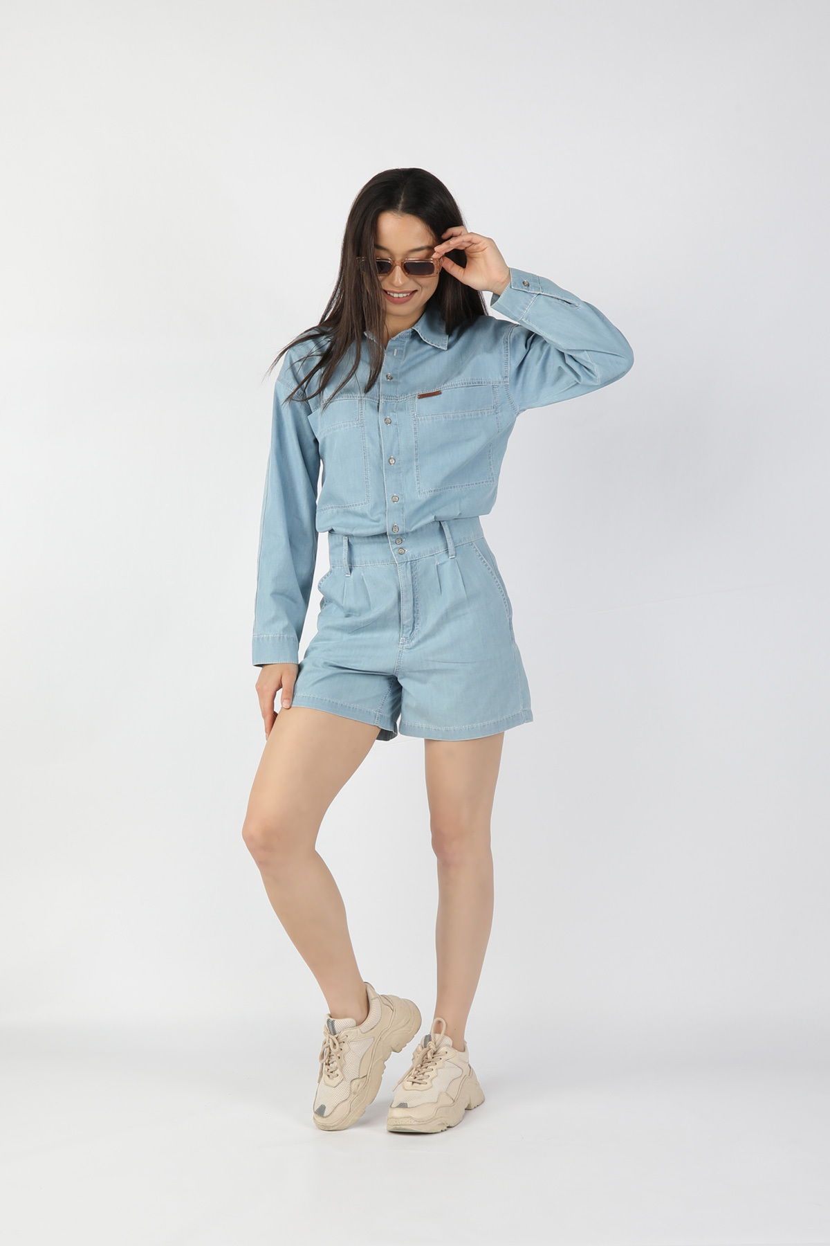 Balins - Kadın Kot Tulum Şort Açık Mavi