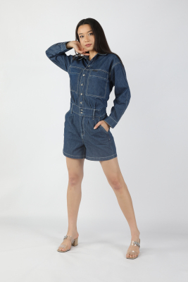 Kadın Kot Tulum Şort Koyu Mavi - Thumbnail