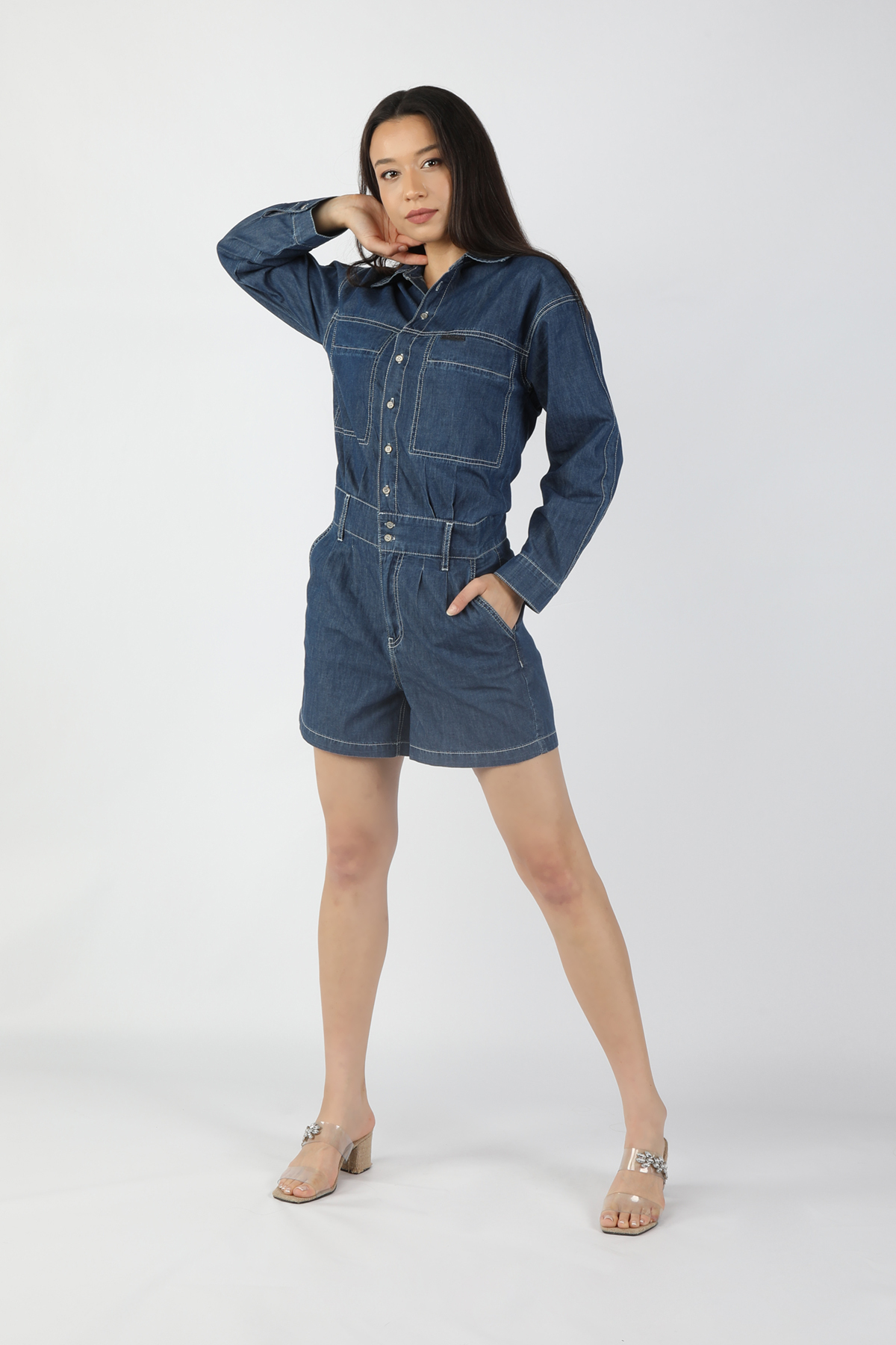 Balins - Kadın Kot Tulum Şort Koyu Mavi