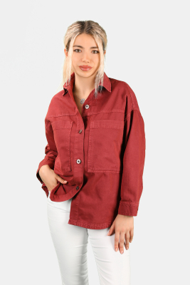 Kadın Oversize Dökümlü Gömlek Vişne - Thumbnail