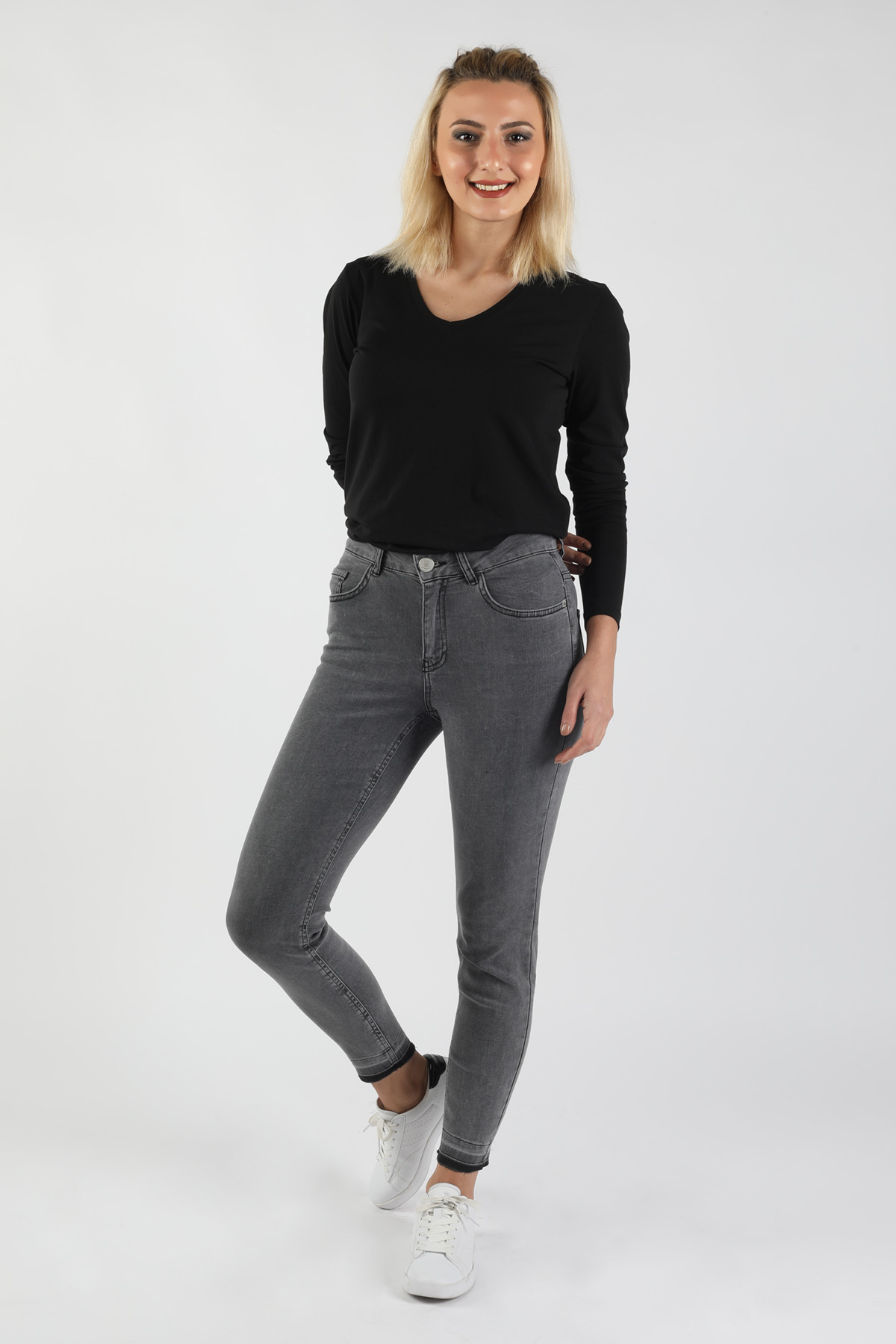 Balins - Kadın Paçası Sökük Kot Pantolon Gri