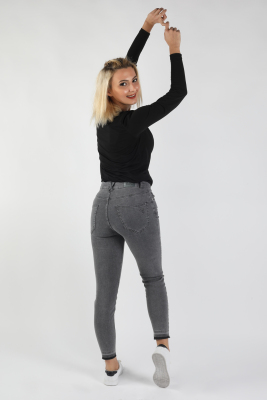 Kadın Paçası Sökük Kot Pantolon Gri - Thumbnail