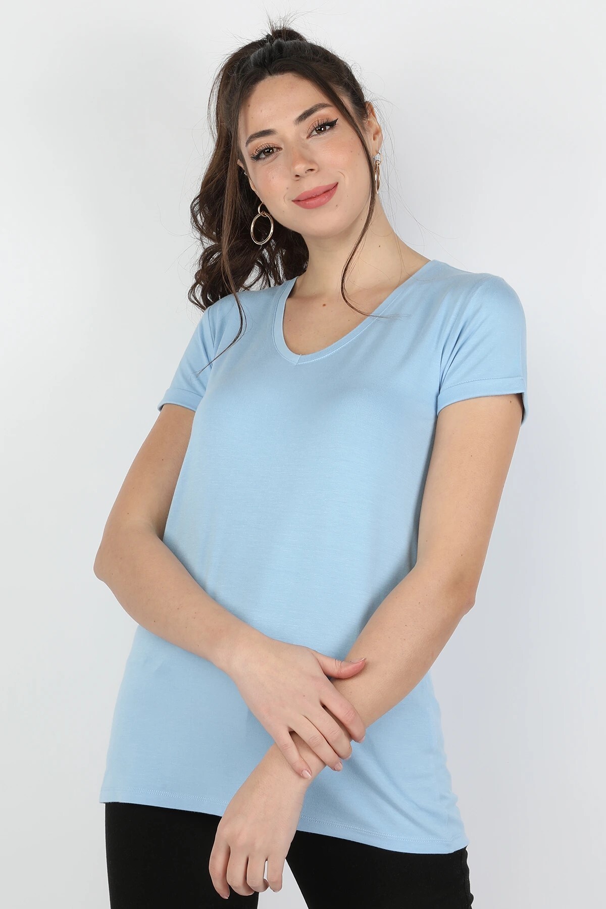 Balins - Kadın Viskon Kısa Kollu Tişört Açık Mavi