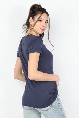 Kadın Viskon Kısa Kollu Tişört Lacivert - Thumbnail