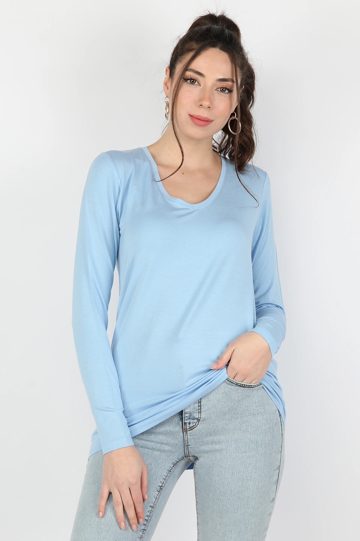 Kadın Viskon Uzun Kollu Tişört Açık Mavi Kadın Viskon Uzun Kollu Tişört Açık Mavi