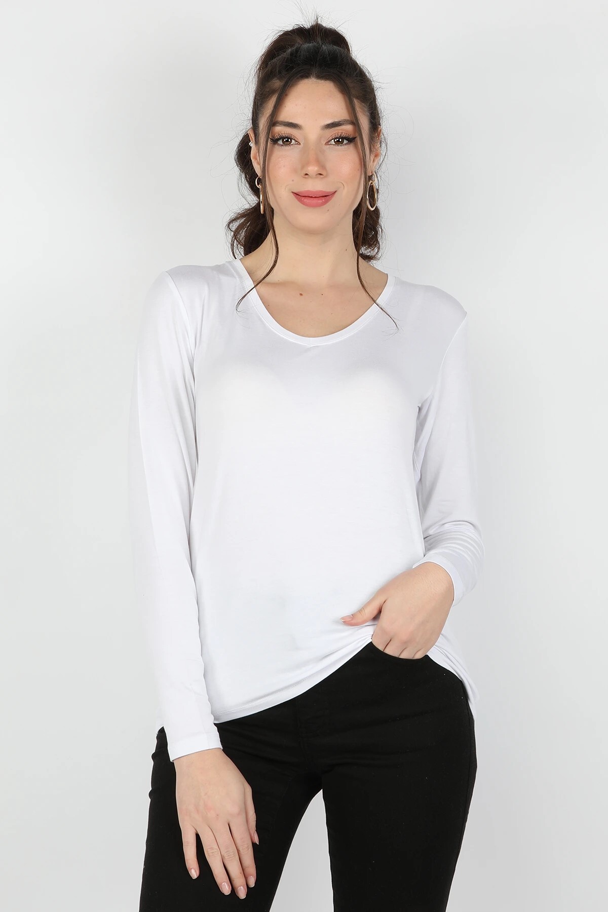Balins - Kadın Viskon Uzun Kollu Tişört Beyaz
