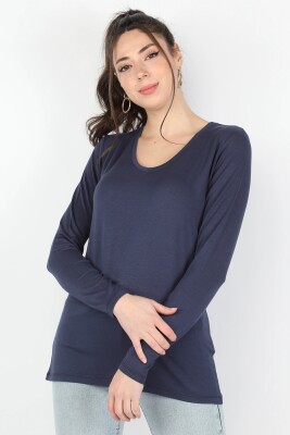 Kadın Viskon Uzun Kollu Tişört Lacivert - Thumbnail