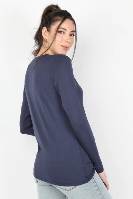 Kadın Viskon Uzun Kollu Tişört Lacivert - Thumbnail