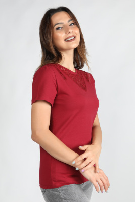 Kadın Yaka Dantel Detaylı Süprem Tişört Bordo - Thumbnail