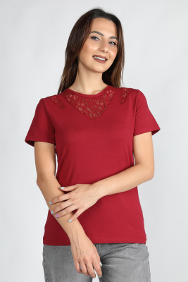 Balins - Kadın Yaka Dantel Detaylı Süprem Tişört Bordo