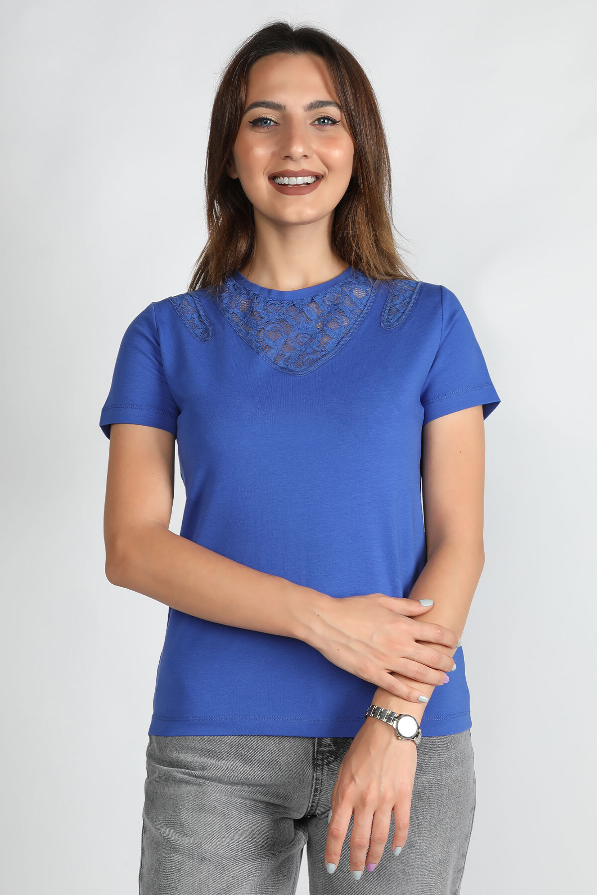 Balins - Kadın Yaka Dantel Detaylı Süprem Tişört Saks