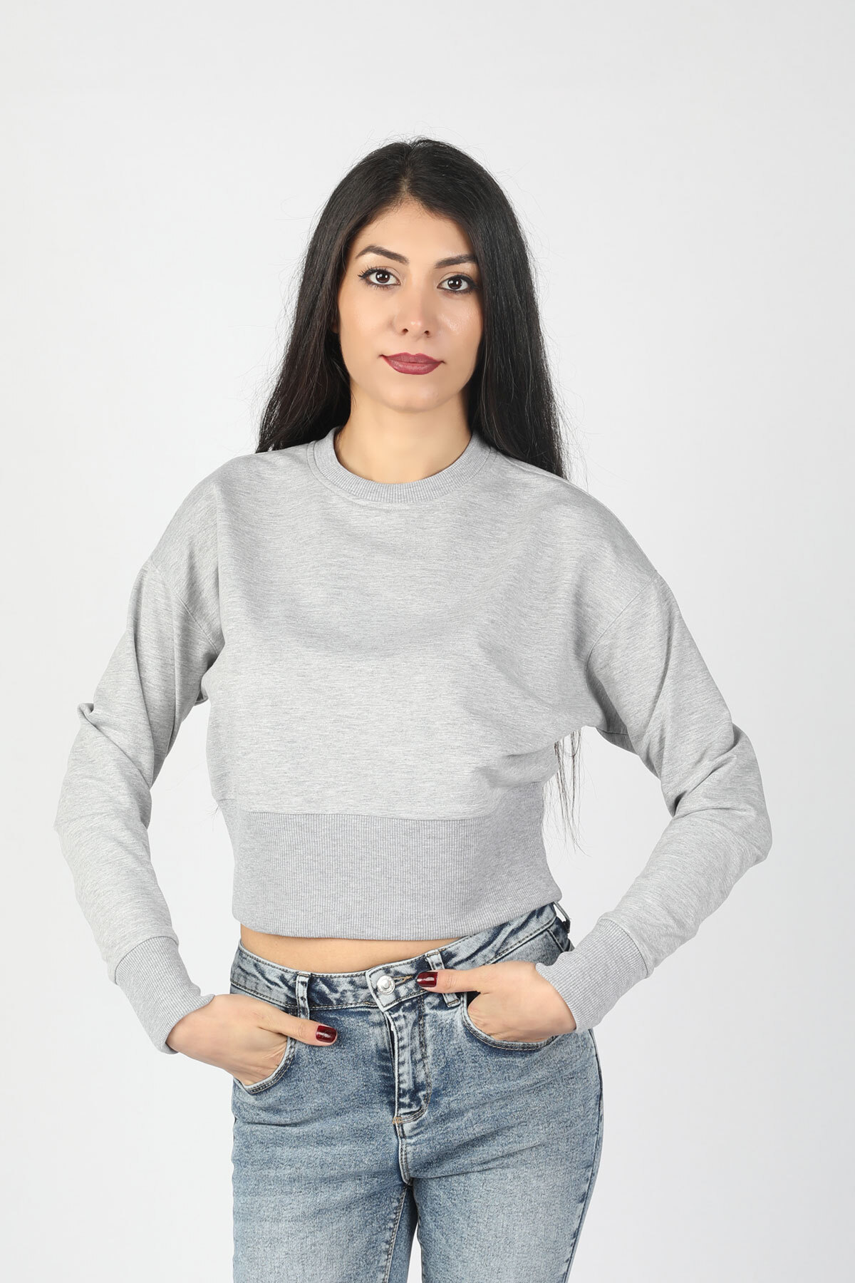 Balins - Kadın Yarasa Kol Geniş Ribanalı Sweatshirt Gri