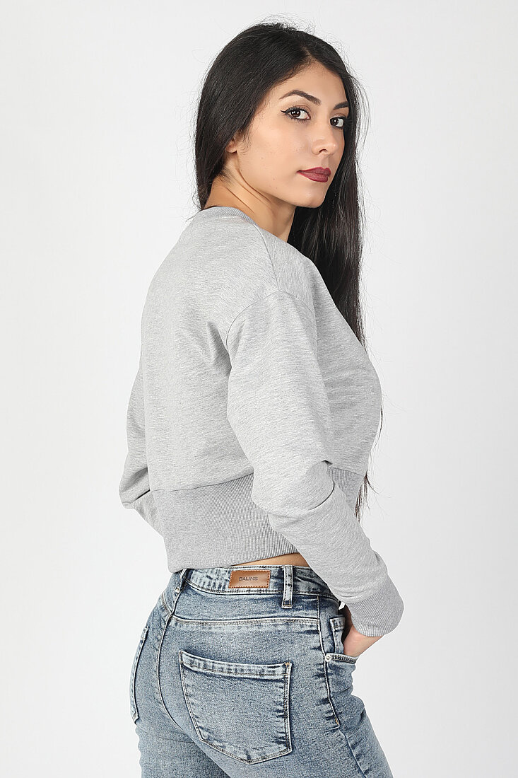 Kadın Yarasa Kol Geniş Ribanalı Sweatshirt Gri - 2