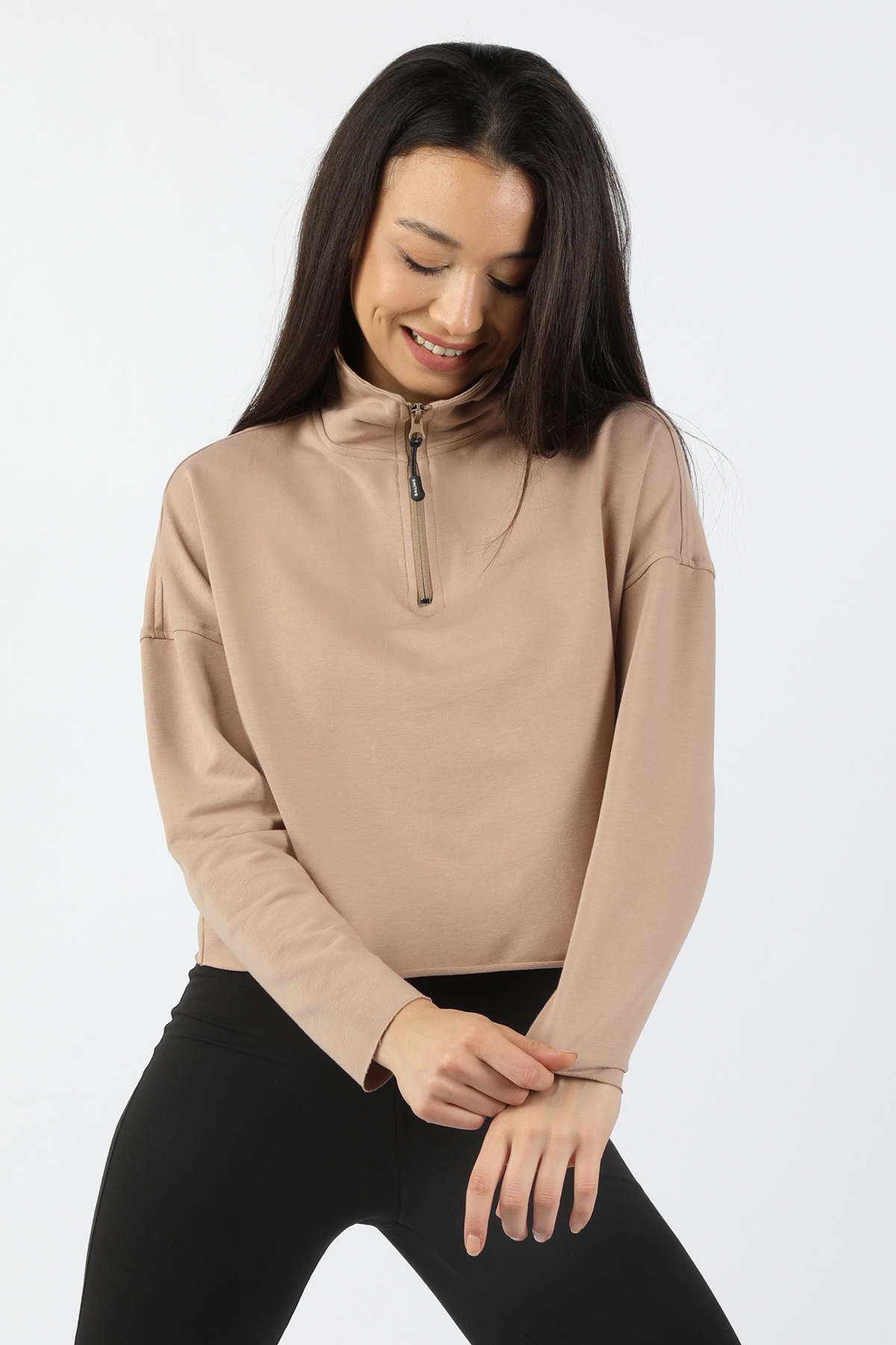 Balins - Kadın Yarım Balıkçı Yarasa Kol Sweatshirt Bej