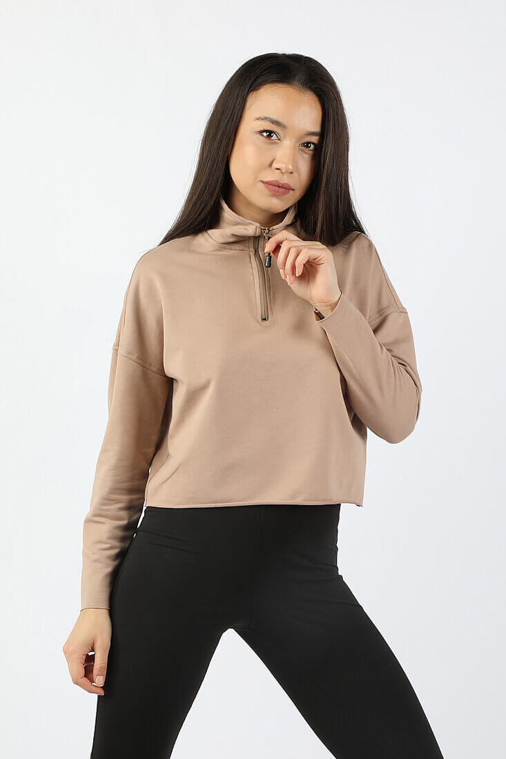 Kadın Yarım Balıkçı Yarasa Kol Sweatshirt Bej - 2