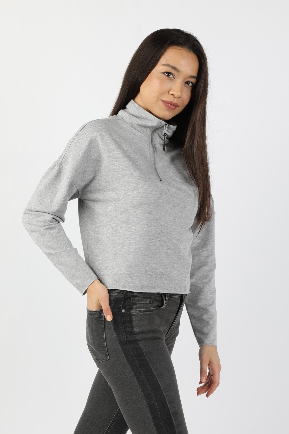 Balins - Kadın Yarım Balıkçı Yarasa Kol Sweatshirt Gri