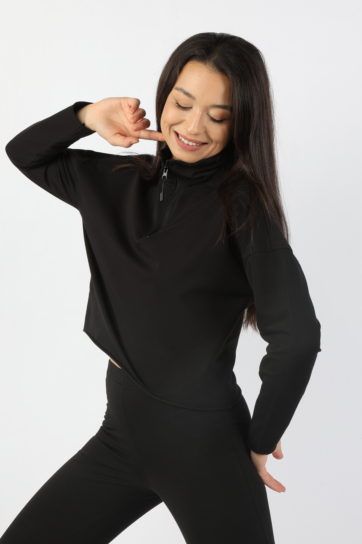 Balins - Kadın Yarım Balıkçı Yarasa Kol Sweatshirt Siyah