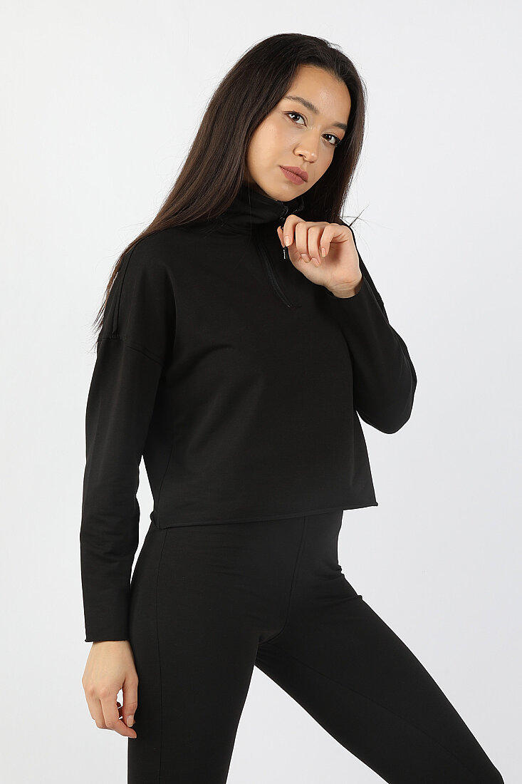 Kadın Yarım Balıkçı Yarasa Kol Sweatshirt Siyah - 2