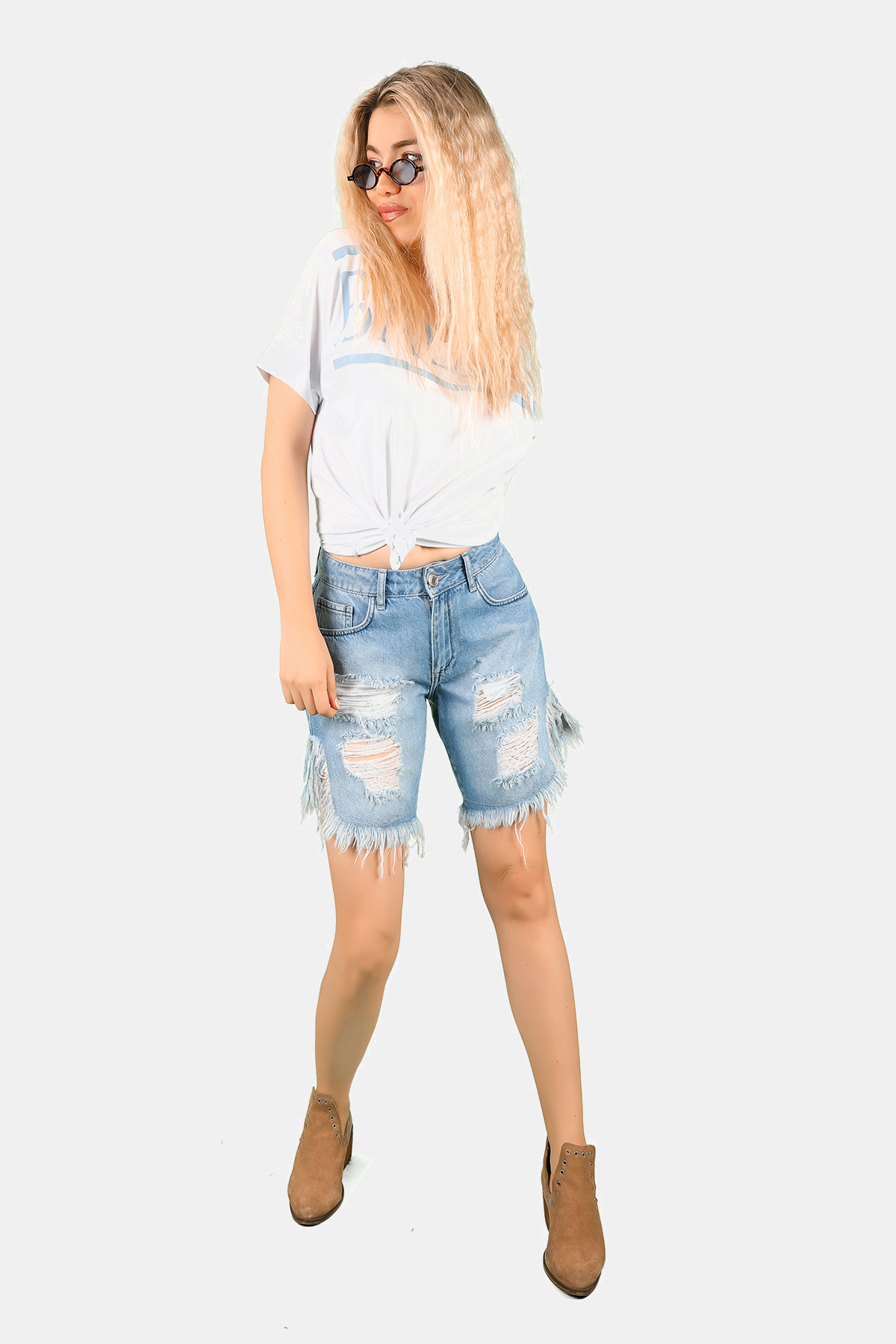 Balins - Kadın Yırtık Detaylı Püsküllü Şort Mavi