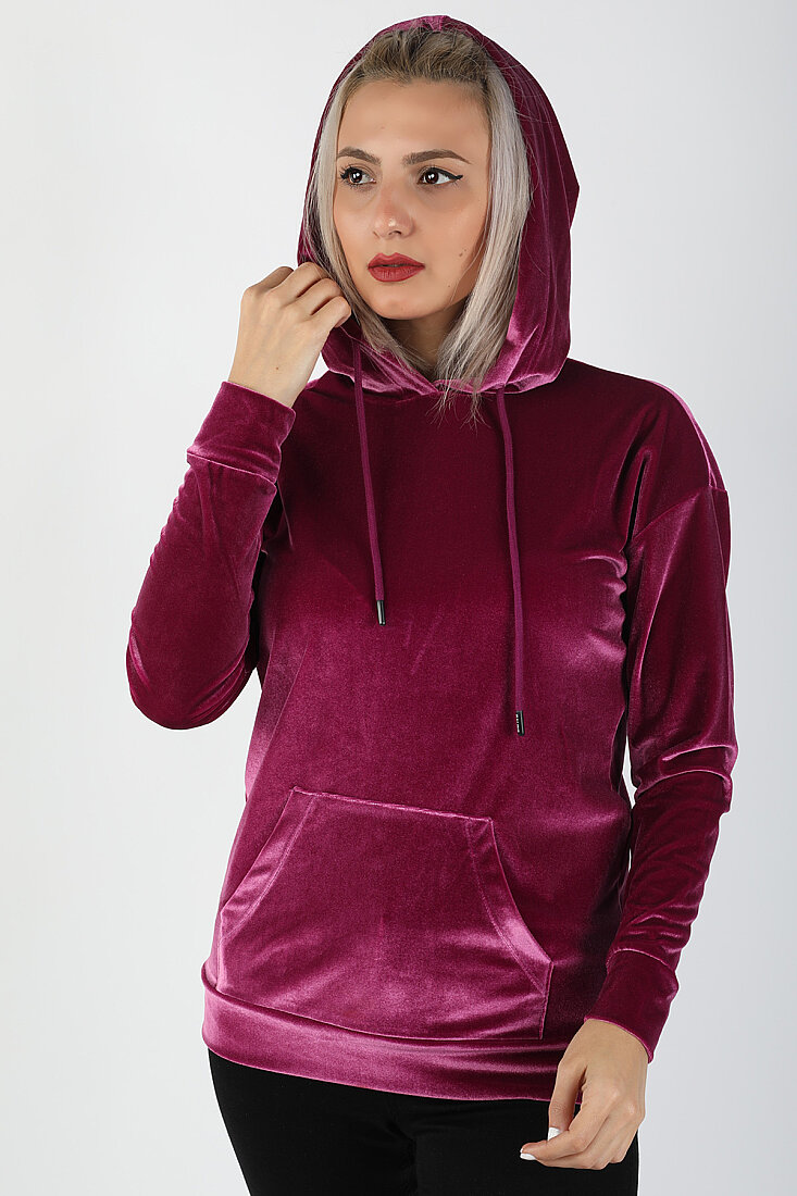 Kapüşonlu Kadife Sweatshirt Fuşya - 1